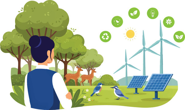 Woman observing renewable energy landscape with wind turbines and solar panels renewable sustainability environment landscape conservation alternative