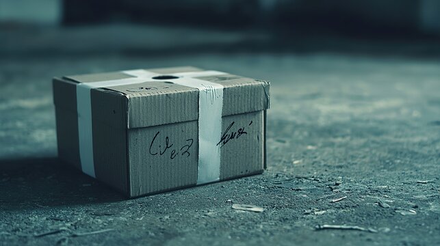 Lost and found box label, handwritten text, subtle tape,