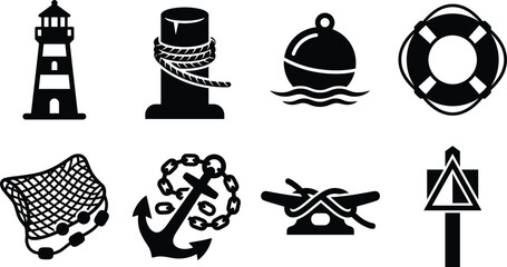 Naklejka premium Nautical icon set featuring lighthouse anchor lifebuoy fishing net and marine symbols isolated on white background