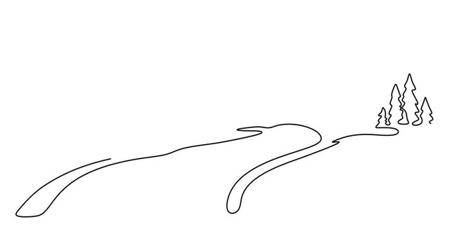 Animated self drawing of continuous line draw of Line illustration a wooden bridge in a scenic mountain landscape with pine trees and a river. Full length one line animation. 4K