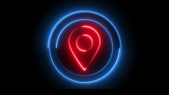 Glowing neon red and blue color location map sign icon animation position tracking direction address tags journey place navigation icon sign symbol on black background