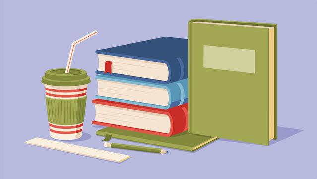 Stack of books with disposable coffee cup and pen on desk flat vector illustration education learning stationery knowledge academic literature university