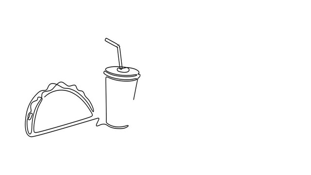 Animated self drawing of continuous line draw of Fast food one line icons set. Posters of fast food products, hot dog, taco, burger, soda, cafe theme for logo. Full length one line animation. 4K