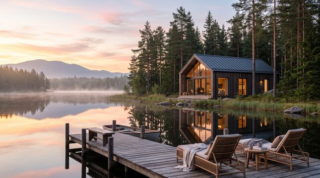 Luxury lakeside cabin at sunrise with wooden dock. Secluded mountain retreat reflecting on calm water during golden hour.