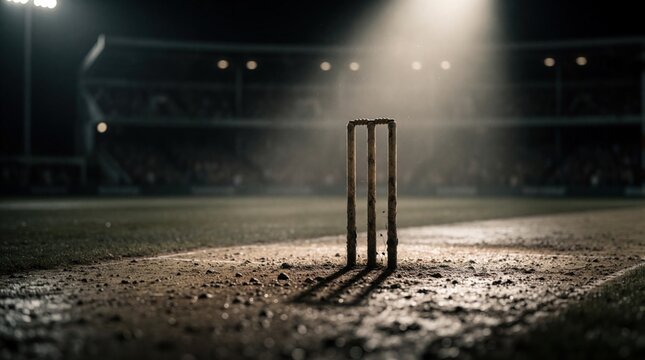 Cricket stumps stand alone on a dark pitch under stadium lights. The dirt and grass show wear from a night game. Spectators watch from blurred stands. Intense competition atmosphere.