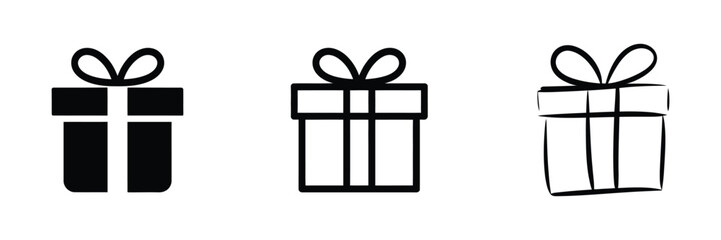Present icons featuring gift boxes in flat, linear, and hand drawn doodle styles with clean minimalist vector graphics for festive decorations, holiday celebrations, birthday events, greeting cards, a © ARIF AHMED 02