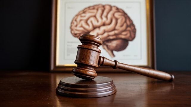 Wooden judge gavel positioned on dark polished wood surface with framed brain anatomy chart in background, for legal neuroscience, and forensic law concepts