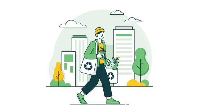 Young person walking in city with eco-friendly reusable shopping bags filled with groceries representing sustainable and green lifestyle zero waste reusable