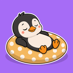 Fototapeta premium Cute Baby Penguin Floating on Pool Ring Illustration 