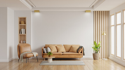 Fototapeta premium Living room wall mockup in bright tones with leather sofa and leather armchair.