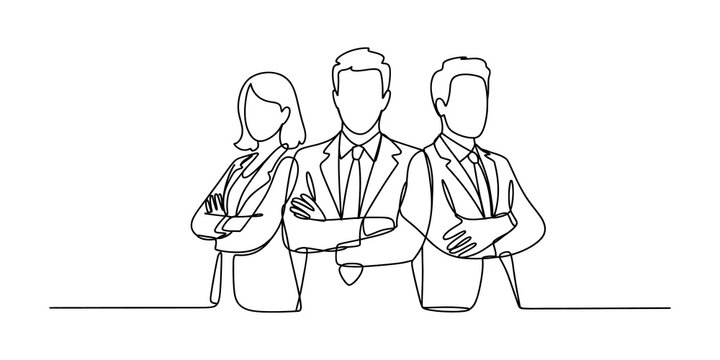 Continuous line drawing of business team standing with arms crossed