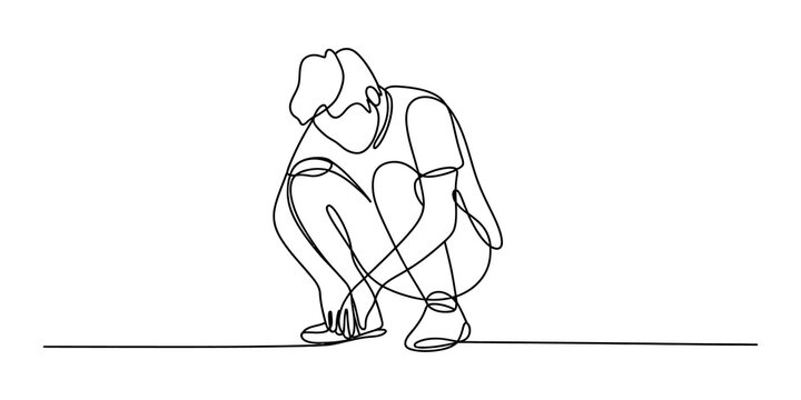 Continuous line drawing of a sad boy crouching down
