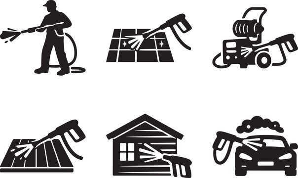Pressure washer icon set of 6 in a flat black silhouette style including cleaning equipment, house siding, floor tiles, wooden deck and car washing silhouette vector