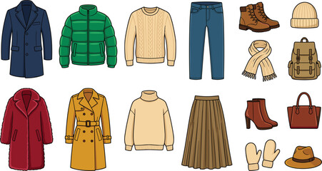 Winter and Autumn Unisex Fashion Vector Icon Set with Overcoat, Puffer Jacket, Knit Sweater, Jeans, Pleated Skirt, Boots, Scarf, and Backpack Illustrations © Md