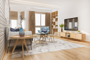 loft scandinavian living room with working table and bookshelf © William
