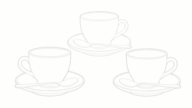 Minimalist continuous line art illustration of three coffee cups with saucers minimalist continuous illustration beverage caffeine beverages lifestyle