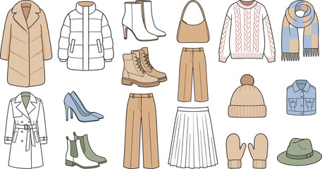 Obraz premium Winter and Autumn Women Fashion Vector Icon Set with Fur Coat, Puffer Jacket, Sweater, Pleated Skirt, Trousers, High Heels, and Plaid Scarf Illustrations