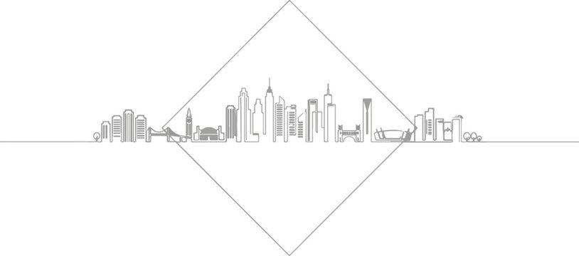 Minimalist cityscape skyline contour line art in a geometric diamond frame with cityscape minimalist geometric architecture buildings downtown metropolis