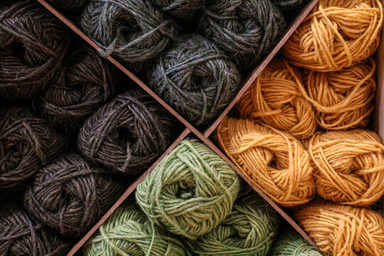 Collection of wool skeins exposed in a knitting shop.