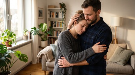 Fototapeta premium Warm embrace between a woman and her husband at home. Intimate moment of love and comfort in a cozy living room setting.