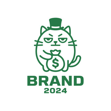 Green cat mascot wearing top hat holding money bag