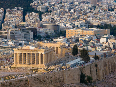 Parthenon temple on acropolis overlooking athens city