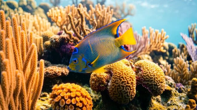 queen angelfish in caribbean coral reef underwater close up video