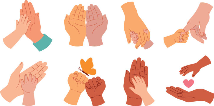 Adult and baby hands holding vector set featuring high five open palms pinky swear fist bump heart and butterfly isolated on white background family care concept