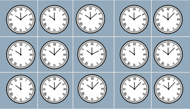 Grid of fifteen simple analog clocks with roman numerals showing different times on a light grey background grid.