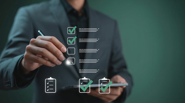Businessman holding tablet and using stylus pen to select completed checklist items.