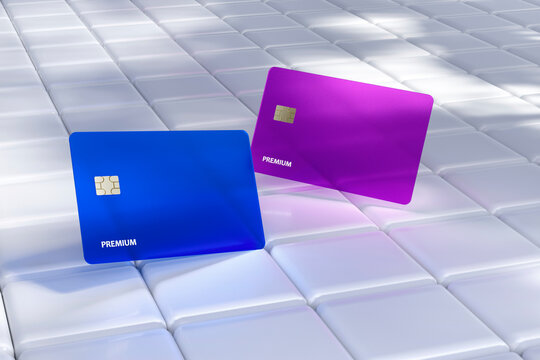 Purple and Blue Credit Cards on a White Tiled Surface with Copy Space