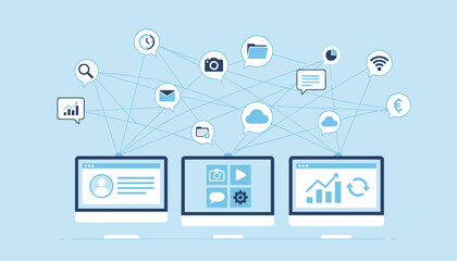 Fototapeta premium Cloud computing and computer network communication concept connecting three laptop screens to multiple cloud based service icons.