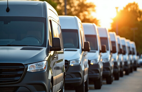 Many new modern vans and trucks line up neatly outdoors. Vehicles wait in a row during daytime, suggesting transport, delivery, and commercial use for business.