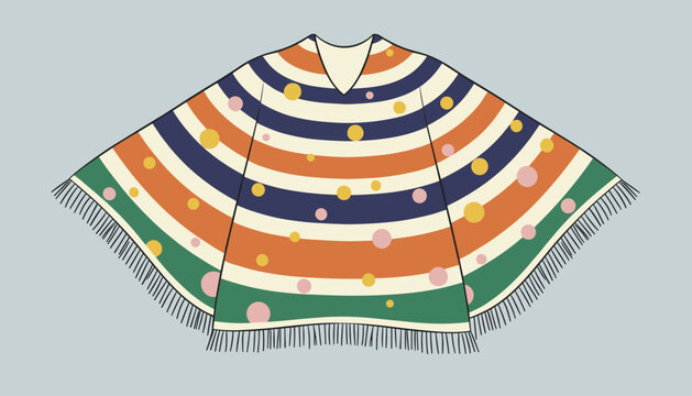 Colorful traditional poncho garment with horizontal stripes, colorful dots, and fringe detail over a solid grey background.
