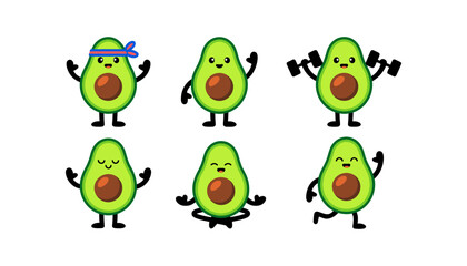 Fototapeta premium Cartoon avocado vector illustration set featuring cute characters in fitness, yoga, jogging, and wellness activity poses