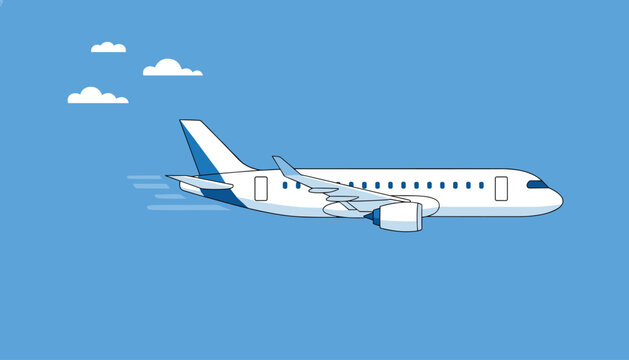 White commercial passenger airplane flies fast through the clear blue sky with small white clouds on a sunny day.