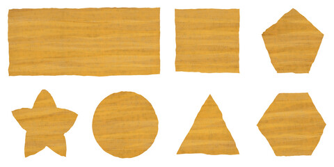 Yellow-orange gol geometric shape set isolated on transparent background. Textured gold paper with shapes: circle, square, triangle, star, and hexagon for education, craft, and infographic design. © muhtadi