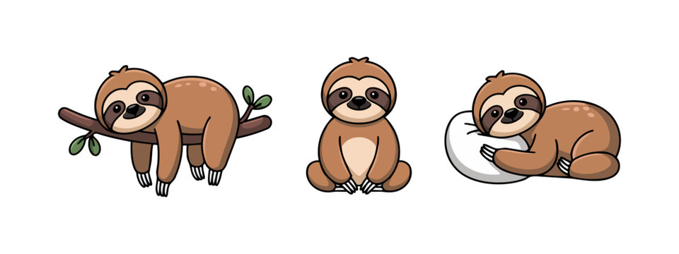 Cartoon sloth vector illustration set featuring cute animals in relaxed poses with tree branch, pillow, and playful design