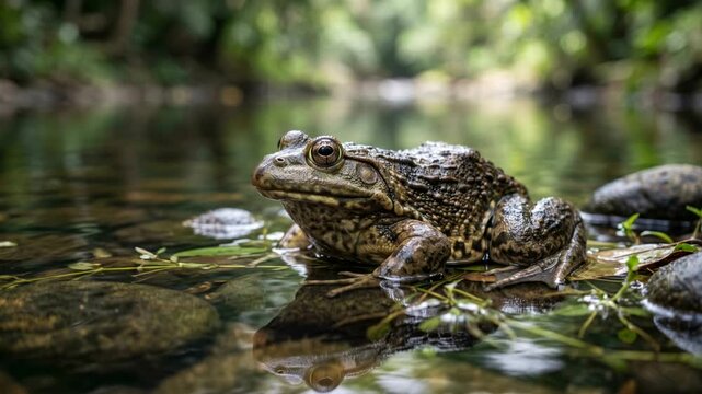 goliath frog close up on water surface in cameroon rainforest video