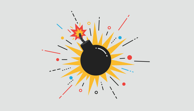 Classic round black cartoon bomb exploding with yellow sparks and colorful starburst flashes on a grey background.