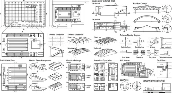Architectural drawing of an aquatic center featuring professional building floor plans section details roof concepts and structural grid design