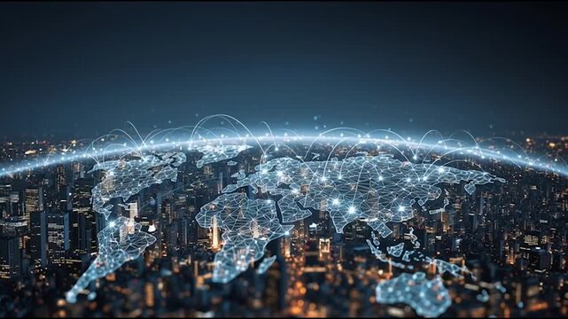 Smart Innovation city with connection cyber security network reciprocity over the cityscape . future wireless digital city and social media networking systems that connects people with in the city	