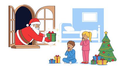 Naklejka premium Santa Claus delivering gifts through a window to sleeping children on Christmas Eve, with a decorated Christmas tree beside their beds. A heartwarming scene of festive joy and anticipation.