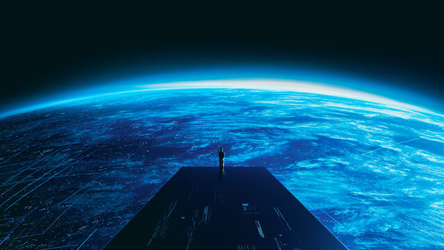 Global technology network view above planet earth at night