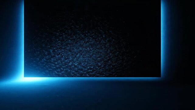 A rectangular black screen framed by a glowing neon blue light against a dark background