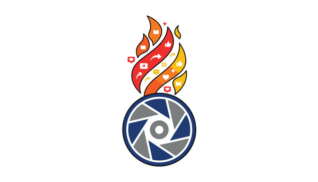 Concept logo design featuring a dark blue camera shutter lens with colorful social media flame rising on top.