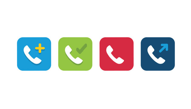 Four rounded square telephone call icons representing add call, checkmark, general, and outgoing call.
