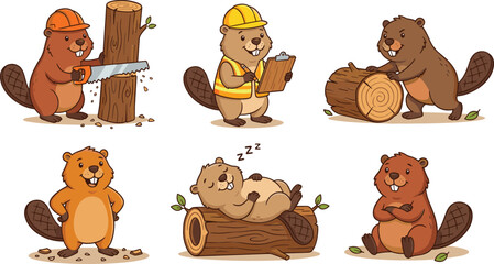Cute cartoon beaver builder character set sawing wood log holding clipboard sleeping rolling tree trunk isolated on white background woodcutter animal vector