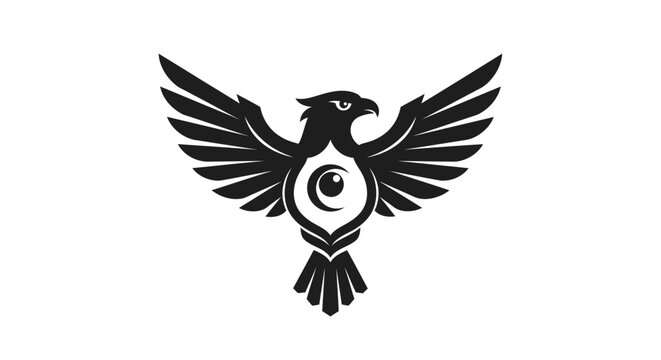 Black stylized bird with outspread wings, eye in its chest, bold lines, minimalistic design