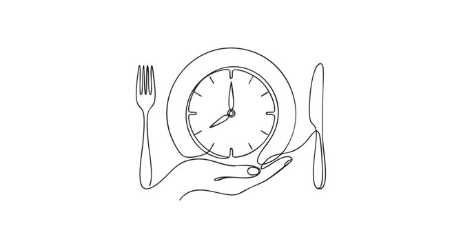 Minimalist One Line Drawing of Hand Holding Clock Plate with Fork and Knife for Healthy Eating Routine and Intermittent Fasting Concept Design